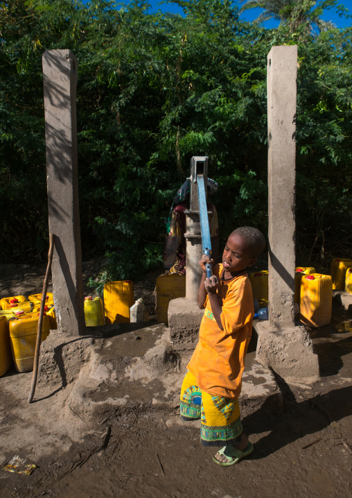 Afar tribe boy pumping water at a well, Afar region, Afambo, Ethiopia