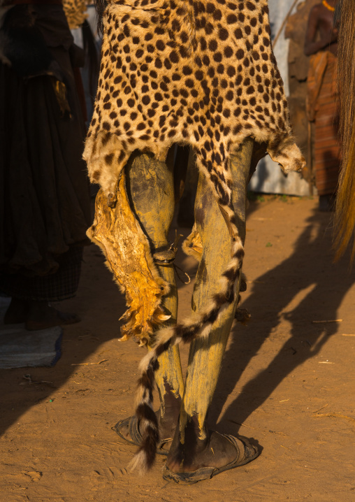 Dassanech man with a leopard skin during dimi ceremony to celebrate circumcision of the teenagers, Omo valley, Omorate, Ethiopia