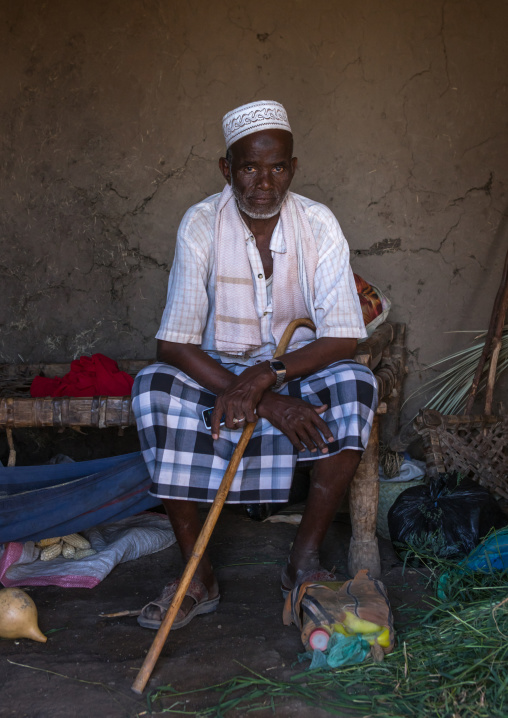 Afar tribe elder sit in his house, Afar region, Afambo, Ethiopia