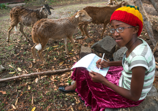 Rastafari girl called kizzy drawing sheeps in a garden, Oromo, Shashamane, Ethiopia