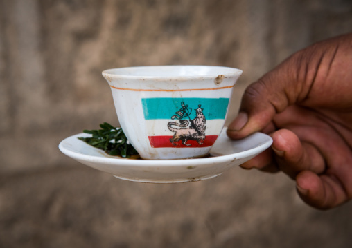 Cup of ethiopian coffee with lion of judah on it, Oromia, Metehara, Ethiopia