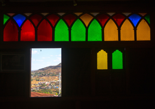 Multi coloured stained glass windows in rimbaud house, Harari region, Harar, Ethiopia