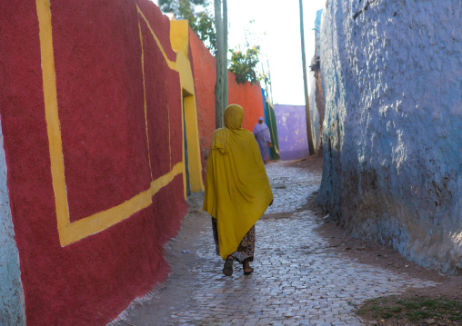Women walking in front of multicolored houses in the old town, Harari region, Harar, Ethiopia