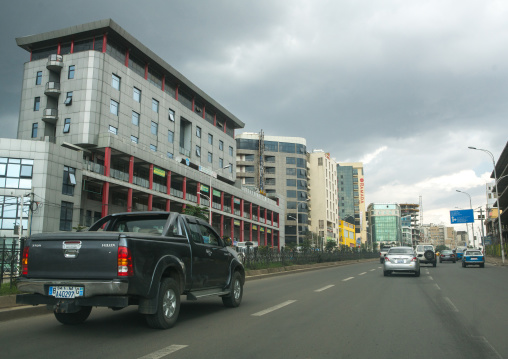 Street scene showing traffic and modern buildings, Addis abeba region, Addis ababa, Ethiopia