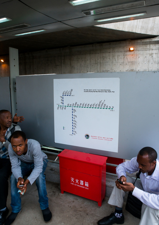 People waiting for the ethiopian railways constructed by china, Addis abeba region, Addis ababa, Ethiopia
