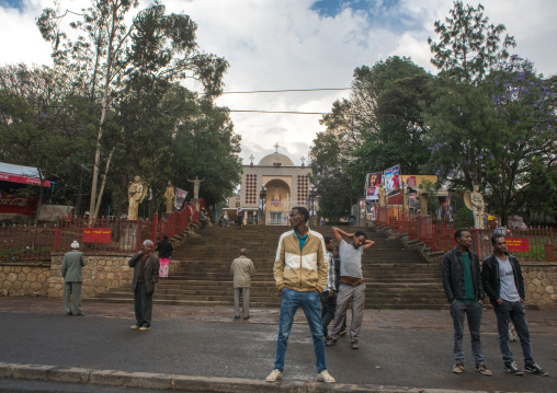 Ethiopian people in front of a church, Addis abeba region, Addis ababa, Ethiopia