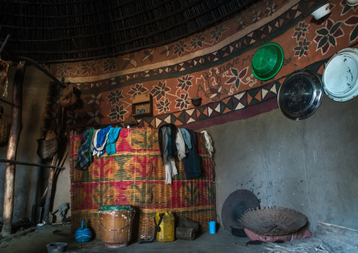 Ethiopia, Kembata, Alaba Kuito, bathroom corner inside a traditional house with decorated and painted walls