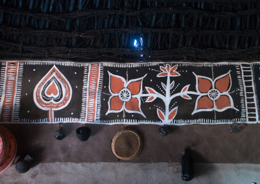 Ethiopia, Kembata, Alaba Kuito, inside a traditional house with decorated and painted walls