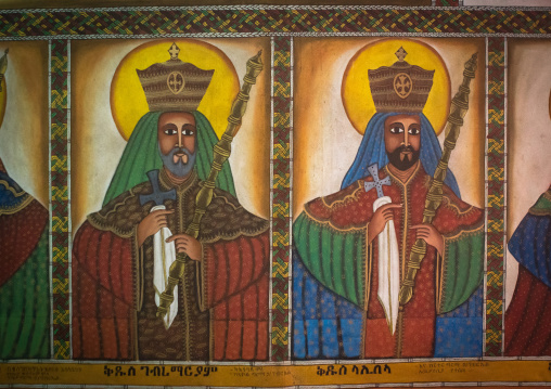 Ethiopian emperors painting inside a rock church, Amhara region, Lalibela, Ethiopia