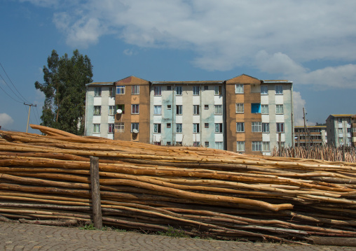 Wood yards in front of new apartments blocks, Addis abeba region, Addis ababa, Ethiopia