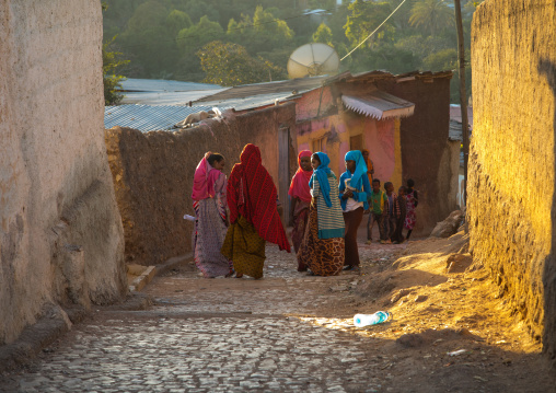 Young women chatting in the colorful streets of Jugol old town, Harari Region, Harar, Ethiopia