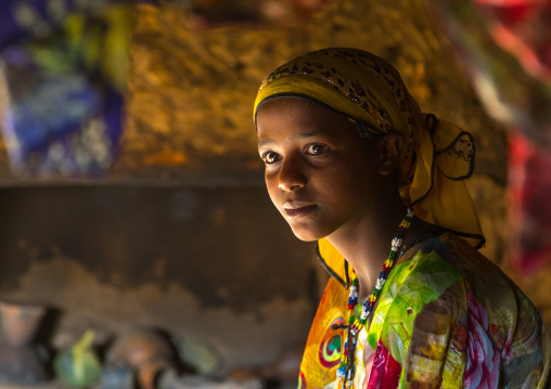 Girl inside her house in a traditional Argoba stone houses village, Harari Region, Koremi, Ethiopia