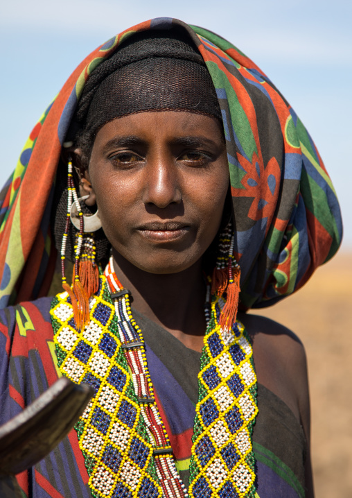 Portrait of an Issa tribe woman with a beaded necklace, Afar region, Yangudi Rassa National Park, Ethiopia