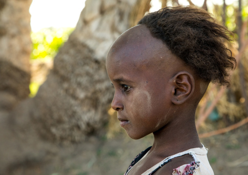Afar tribe child girl with a special haircut, Afar region, Afambo, Ethiopia