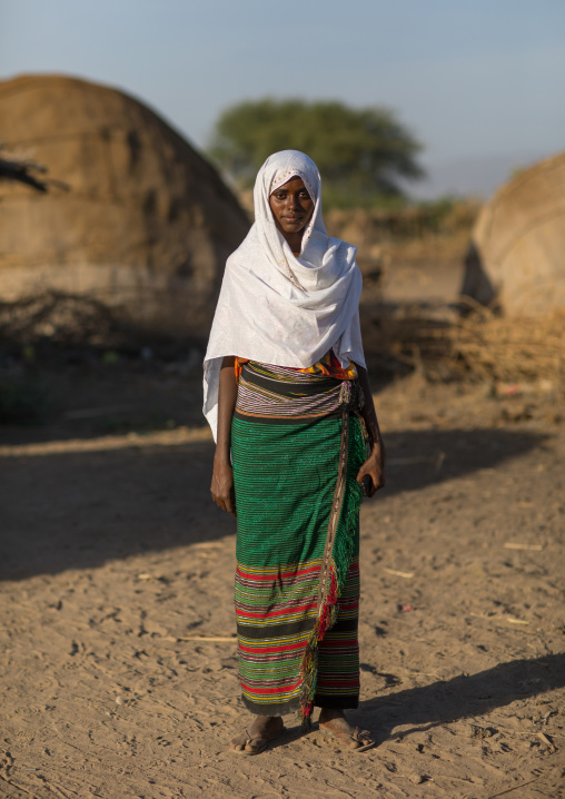 Portrait of an Afar tribe woman with a white veil, Afar region, Afambo, Ethiopia