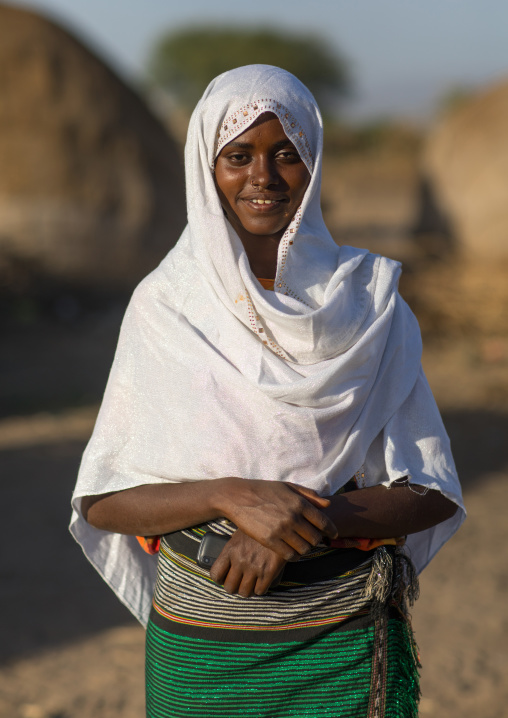 Portrait of an Afar tribe woman with a white veil, Afar region, Afambo, Ethiopia
