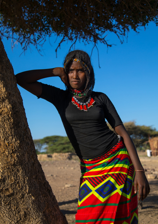 Portrait of an Afar tribe girl with braided hair, Afar region, Chifra, Ethiopia