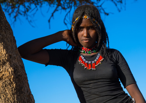 Portrait of an Afar tribe girl with braided hair, Afar region, Chifra, Ethiopia