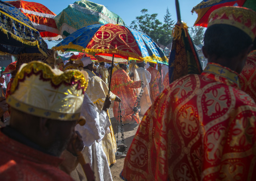 Ethiopian orthodox priests procession celebrating the colorful Timkat epiphany festival, Amhara region, Lalibela, Ethiopia