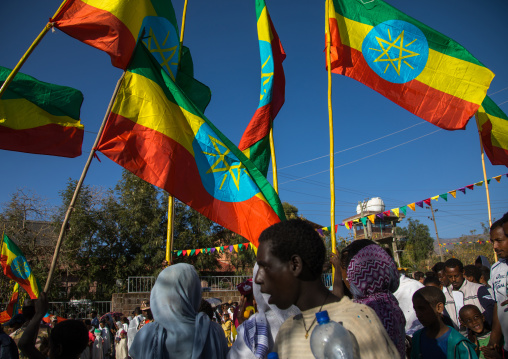 Ethiopian pilgrims carrying ethiopian flags during Timkat epiphany festival, Amhara region, Lalibela, Ethiopia