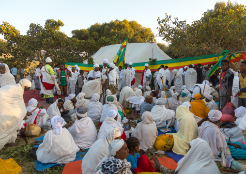 Ethiopian pilgrims resting during Timkat epiphany festival, Amhara region, Lalibela, Ethiopia