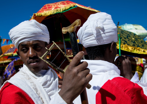 Ethiopian orthodox priest procession celebrating the colorful Timkat epiphany festival, Amhara region, Lalibela, Ethiopia