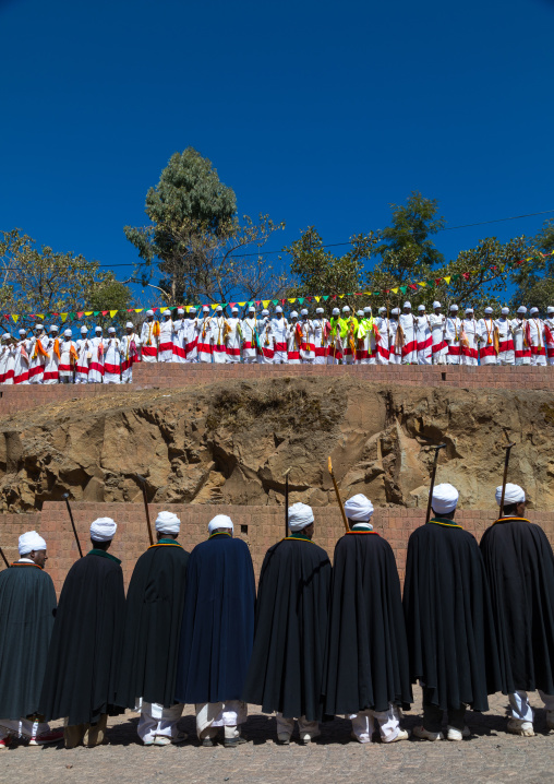 Ethiopian orthodox priests in line celebrating the colorful Timkat epiphany festival, Amhara region, Lalibela, Ethiopia