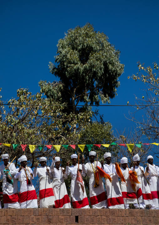 Ethiopian orthodox priests in line celebrating the colorful Timkat epiphany festival, Amhara region, Lalibela, Ethiopia