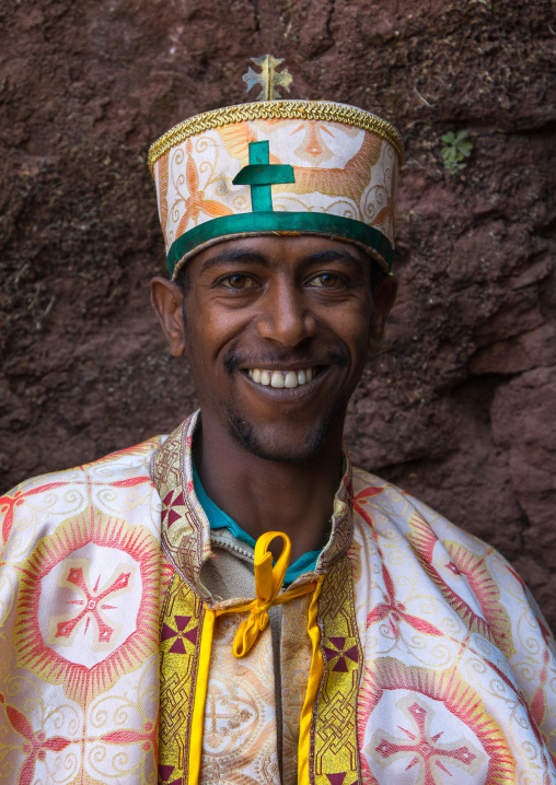Portrait of a smiling monk of the ethiopian orthodox church, Amhara region, Lalibela, Ethiopia
