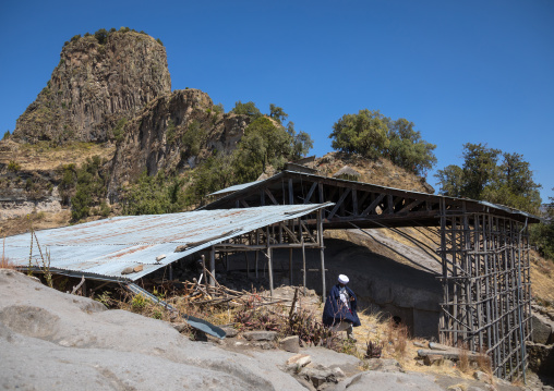 Asheten Mariam rock hewn church and its metal roof, Amhara region, Lalibela, Ethiopia