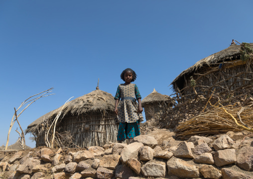 Little girl in front of a traditional wood house, Amhara region, Weldiya, Ethiopia