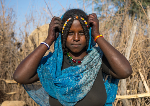 Portrait of an Afar tribe woman with braided hair, Afar region, Chifra, Ethiopia