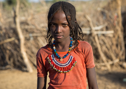 Portrait of an Afar tribe girl with braided hair and beaded necklace, Afar region, Chifra, Ethiopia