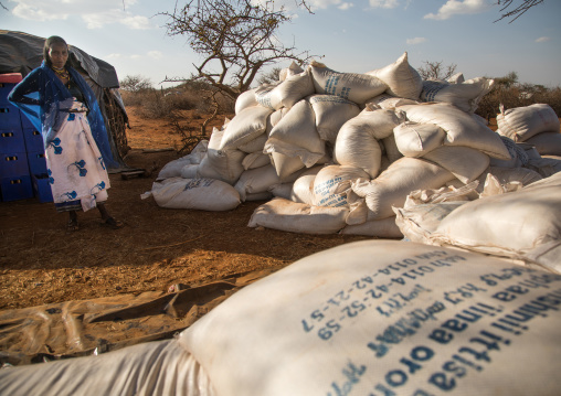 Food aid bags given to Borana people during the drought, Oromia, Yabelo, Ethiopia