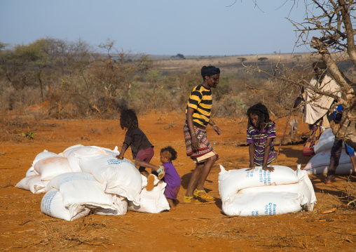 Food aid bags given to Borana people during the drought, Oromia, Yabelo, Ethiopia