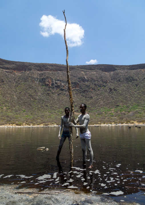Volcano crater where Borana tribe men dive to collect salt, Oromia, El Sod, Ethiopia