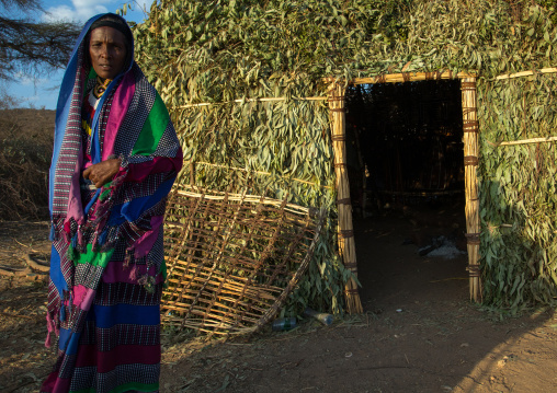Borana woman standing in front of her traditional hut during the Gada system ceremony, Oromia, Yabelo, Ethiopia