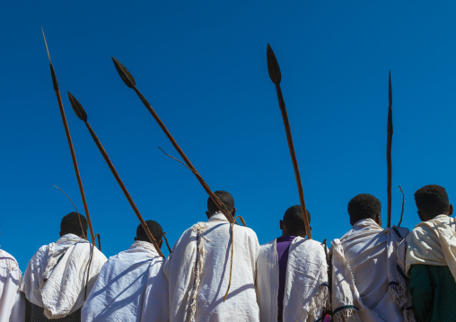 Borana tribe men with their ororo sticks during the Gada system ceremony, Oromia, Yabelo, Ethiopia