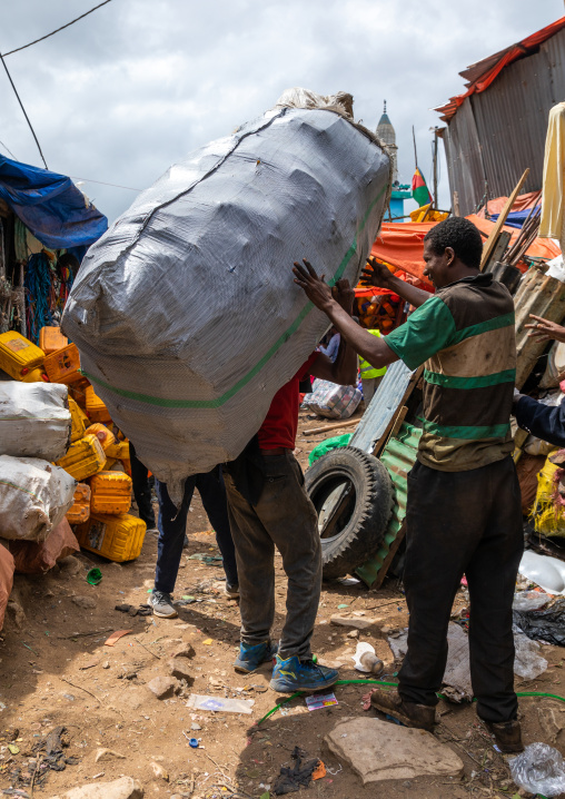 Ethiopian man carrying a huge bag in the metal market in the old town, Harari region, Harar, Ethiopia