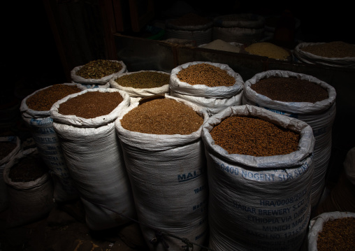 Cereales bags in the grain market, Harari region, Harar, Ethiopia