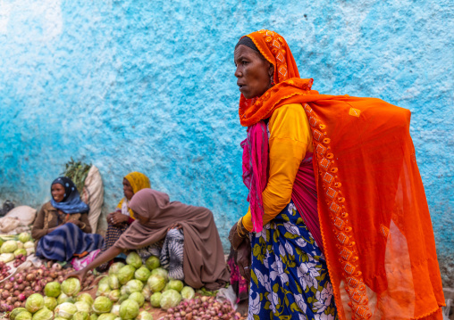 Colorful harari women in the local market, Harari region, Harar, Ethiopia