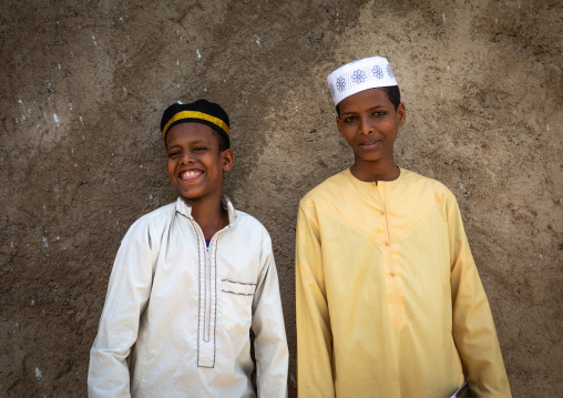Portrait of two muslims boys in the street, Harari region, Harar, Ethiopia