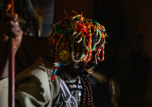 Sufi leader with the head decorated with necklaces and prayer beads, Oromia, Sheik Hussein, Ethiopia