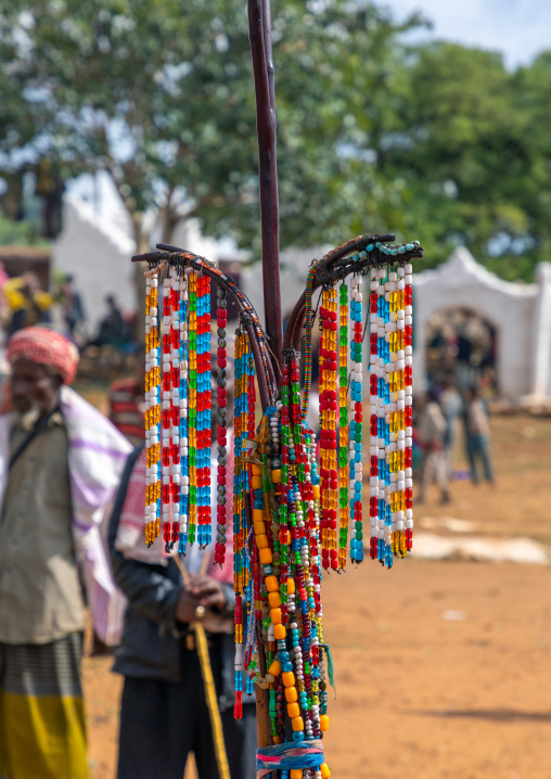 Oulle forked stick of Hussein decorated with necklaces and prayerbeads, Oromia, Sheik Hussein, Ethiopia
