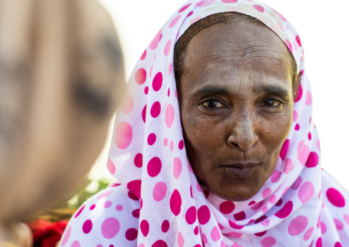 Oromo pilgrim woman in Sheikh Hussein shrine with jarawa powder on the face, Oromia, Sheik Hussein, Ethiopia