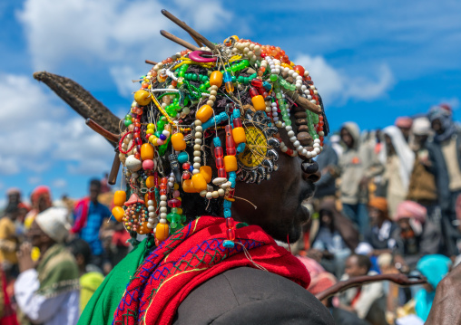 Sufi leader with the head decorated with necklaces and prayer beads, Oromia, Sheik Hussein, Ethiopia