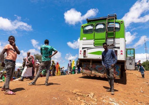 Bus bringing oromo pilgrims to the pilgrimage, Oromia, Sheik Hussein, Ethiopia