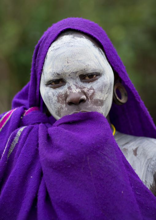 Young Surma Woman Hiding Her Lip Plate Under Her Veil, Ethiopia