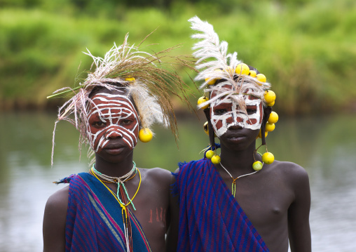 Surma Kids Decorated With Fruit And Herbs Decorations, Kibbish Village, Omo Valley, Ethiopia