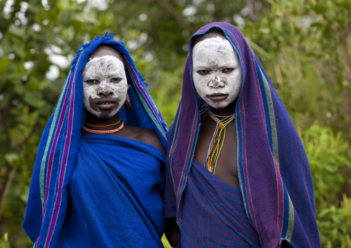 Suri Young Women With Faces Painted In White, Kibbish Village, Omo Valley, Ethiopia